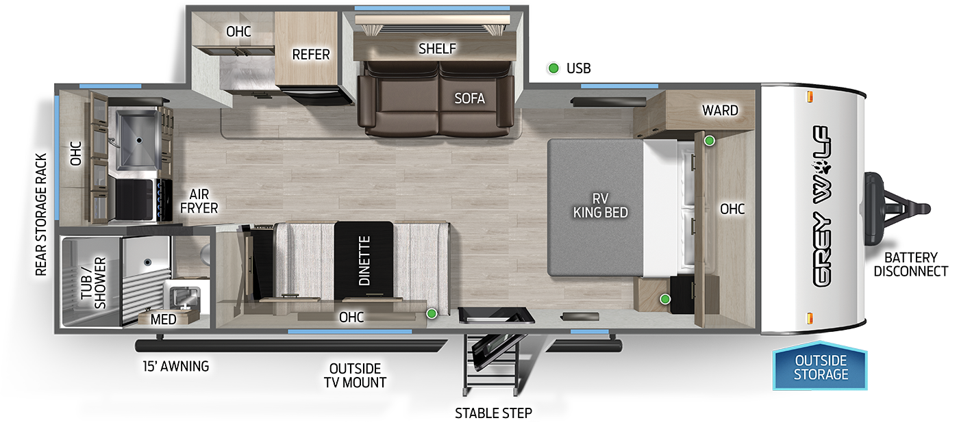 Forest River Cherokee Grey Wolf 22CE couples travel trailer floorplan