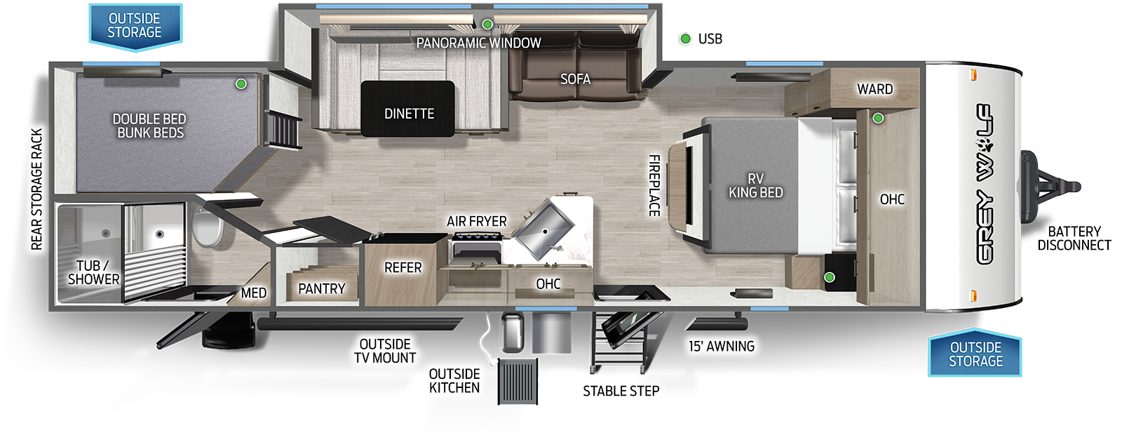 Cherokee Grey Wolf 26KF bunkhouse travel trailer floorplan