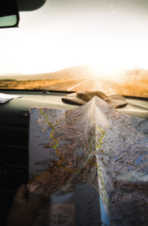 A map on the dashboard of a RV.