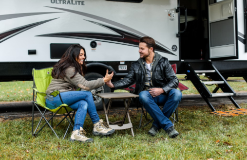 Man and woman sitting on lawn chairs in front of their travel trailer.