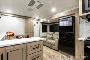 2026 Forest River Flagstaff Super Lite 26SFK Front Kitchen Couples Travel Trailer Interior Image