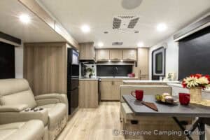 2026 Forest River Flagstaff Super Lite 26SFK Front Kitchen Couples Travel Trailer Interior Image