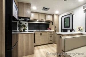 2026 Forest River Flagstaff Super Lite 26SFK Front Kitchen Couples Travel Trailer Interior Image