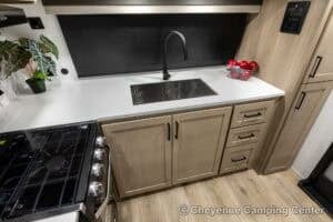 2026 Forest River Flagstaff Super Lite 26SFK Front Kitchen Couples Travel Trailer Interior Image