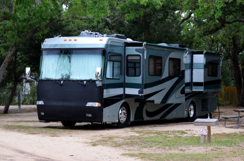 RV parked at a campground following best practices for security and threat deterrent.