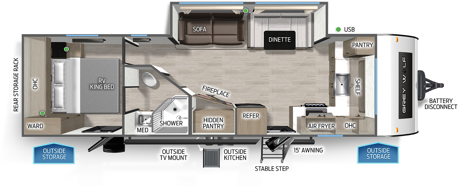 Cherokee Grey Wolf 27GH front kitchen travel trailer floorplan
