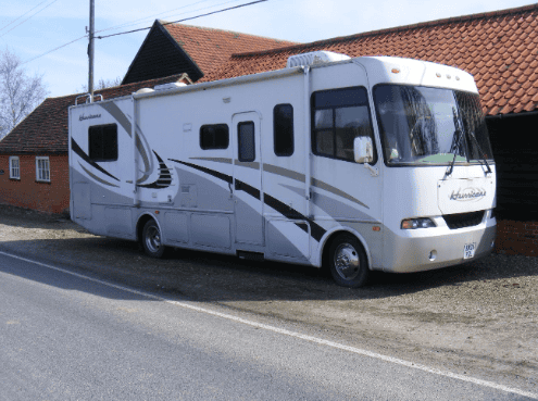 Motorhome parked outside of Iowa dealership.