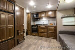 2019 Forest River Flagstaff Micro Lite 25RKS Rear Kitchen Couples Travel Trailer Interior Image