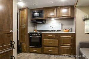 2019 Forest River Flagstaff Micro Lite 25RKS Rear Kitchen Couples Travel Trailer Interior Image