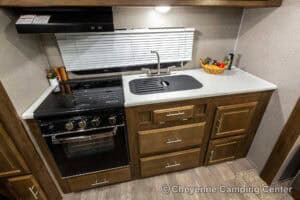 2019 Forest River Flagstaff Micro Lite 25RKS Rear Kitchen Couples Travel Trailer Interior Image