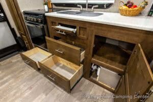 2019 Forest River Flagstaff Micro Lite 25RKS Rear Kitchen Couples Travel Trailer Interior Image