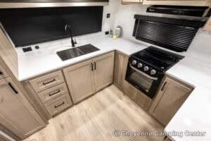 2026 Forest River Flagstaff Micro Lite 25MBR Front Kitchen Travel Trailer Interior Image