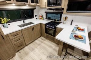 2027 Forest River Flagstaff Micro Lite 25MBR Front Kitchen Travel Trailer Interior Image