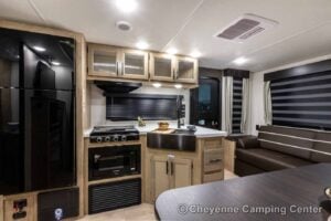 2026 Forest River Cherokee Grey Wolf Black Label 23MKBL Couples Travel Trailer Interior Image