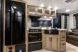 2026 Forest River Cherokee Grey Wolf Black Label 23MKBL Couples Travel Trailer Interior Image