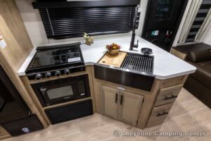 2026 Forest River Cherokee Grey Wolf Black Label 23MKBL Couples Travel Trailer Interior Image