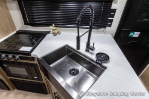 2026 Forest River Cherokee Grey Wolf Black Label 23MKBL Couples Travel Trailer Interior Image