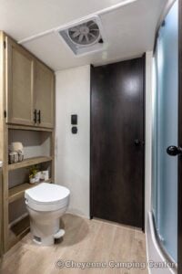 2026 Forest River Cherokee Grey Wolf Black Label 23MKBL Couples Travel Trailer Interior Image