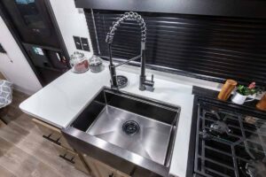 2027 Forest River Cherokee Grey Wolf Black Label 20RDSEBL Couples Travel Trailer Interior Image