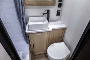 2027 Forest River Cherokee Grey Wolf Black Label 20RDSEBL Couples Travel Trailer Interior Image