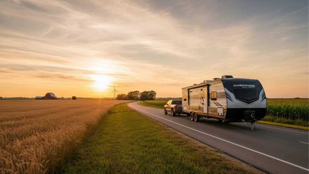 travel trailer driving on a scenic Midwest highway 1