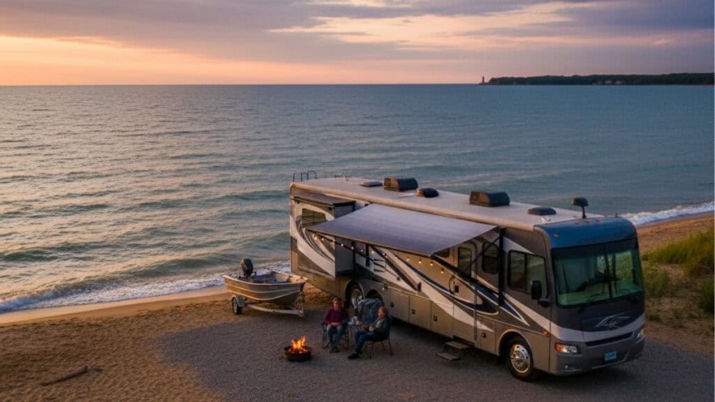 travel trailer or RV near a Great Lakes shoreline 1