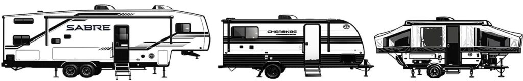 Image with a fifth wheel, travel trailer, and pop-up camper