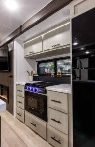 2027 Forest River Cherokee Alpha Wolf 28RLX Rear Living Room Couples Travel Trailer Interior Image